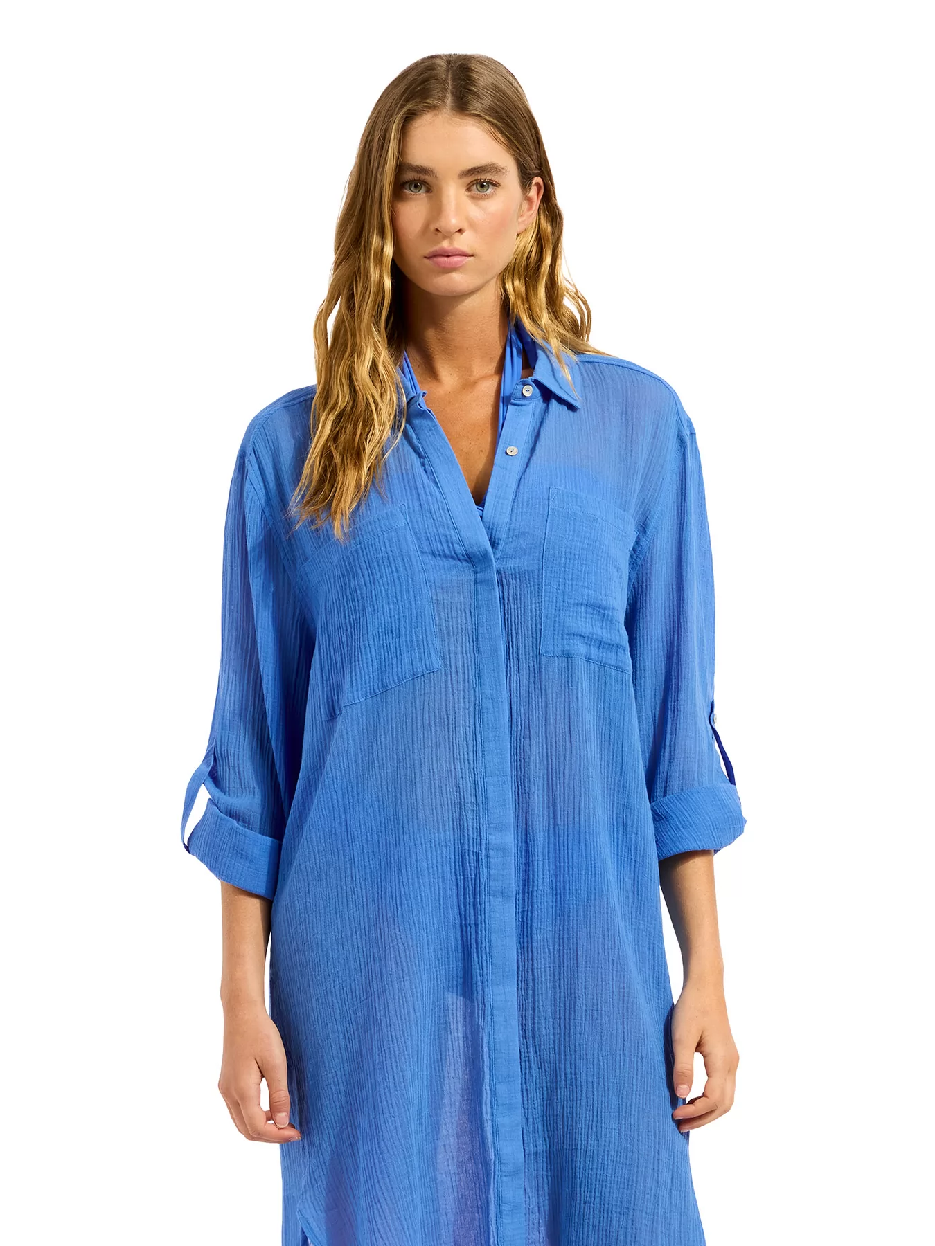 Niebieski Koszula plażowa Seafolly Beach Edit Crinkle Twill 55536-CU - zdjęcie 4