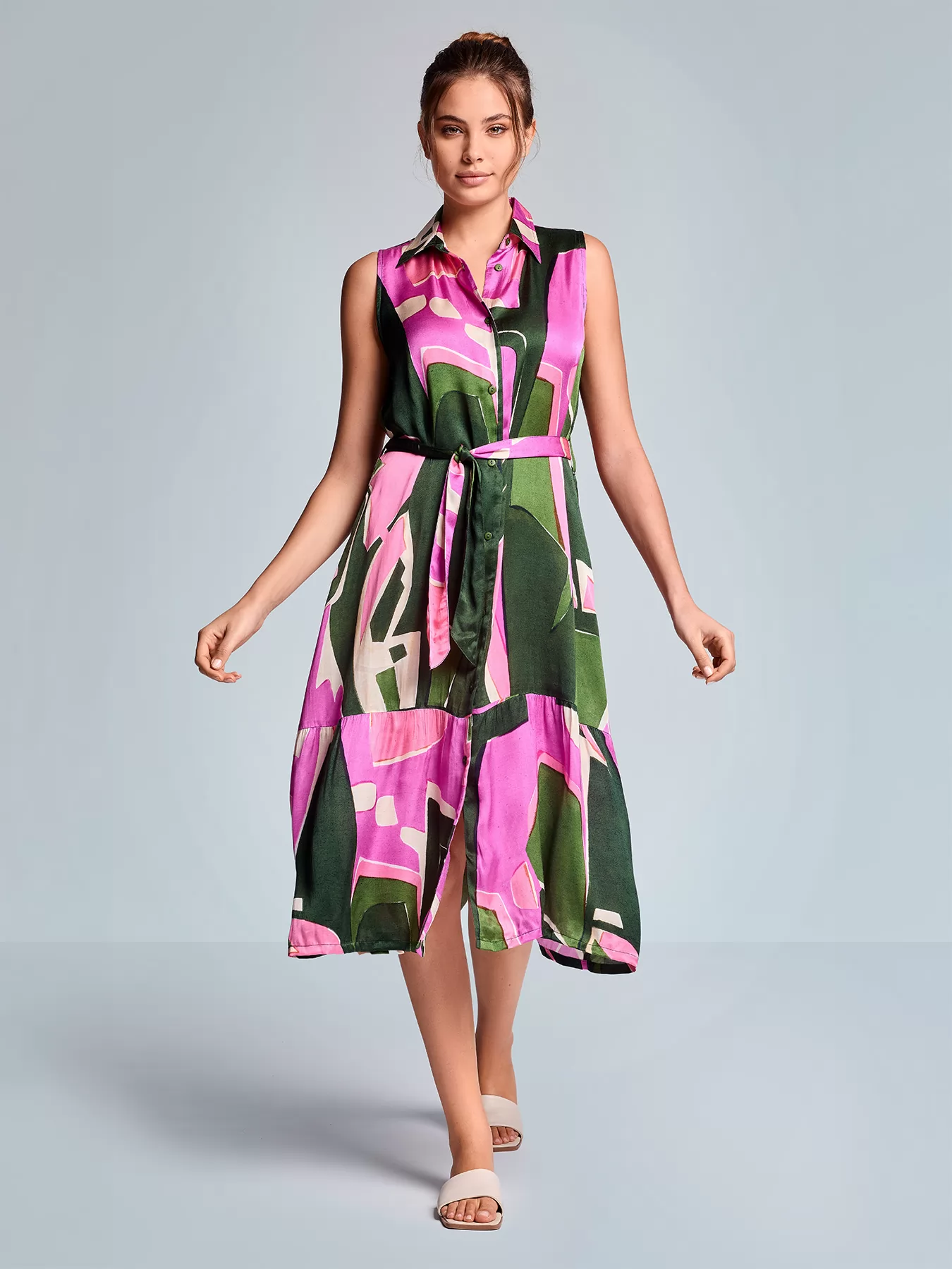 Różowy, wielobarwny, zielony Włoska sukienka Iconique Sleeveless 26-099 - zdjęcie 1